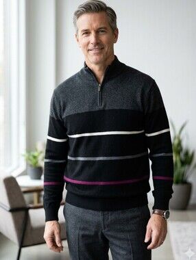 SERICA Striped Men's 1/4 Zip Sweater, Made in Italy, Size Large